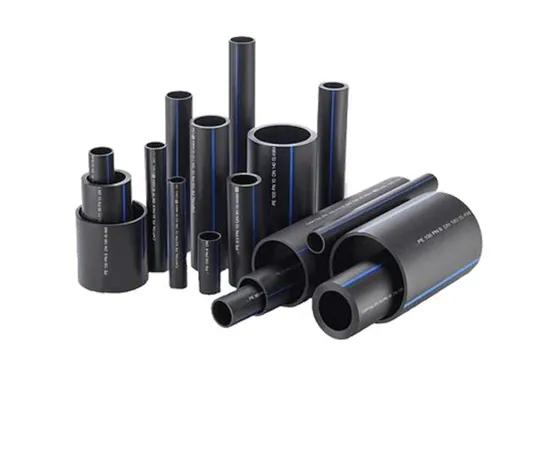 Black HDPE pipes and fittings in several diameters.
