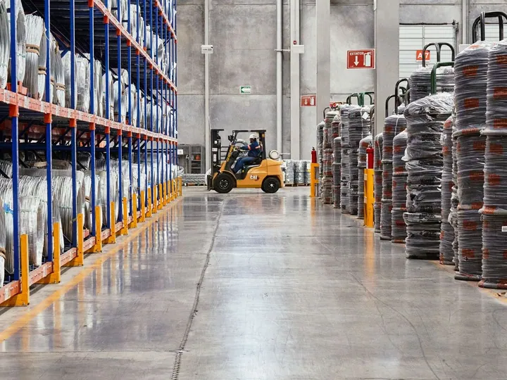 Forklift between racks of wrapped goods in a warehouse.